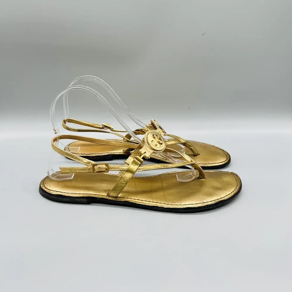 Tory Burch Sandals Womens 9 Gold Leather Thong Ankle Strap Logo Medallion Shoes